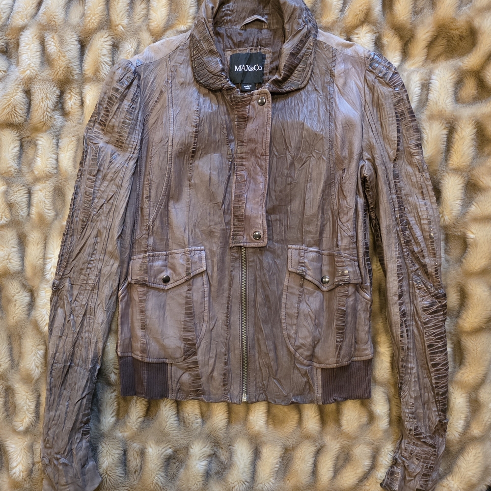 Max & Co. Leather Fitted/Crinkled Taupe/Brown Bomber Jacket